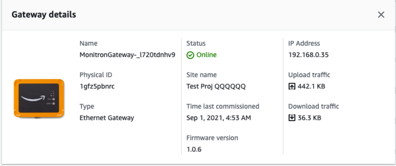 Gateway details showing name, status, IP address, and other technical specifications.