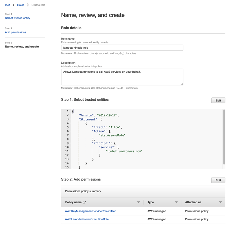 AWSIAM role creation interface with role details and permissions policy summary. (AI generated)