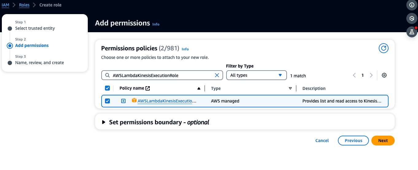 IAM role creation interface with AWS LambdaKinesis Execution policy selected. (AI generated)