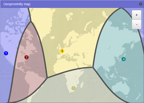 
					此世界地图显示当您有地理位置临近度记录针对位于美国西部（俄勒冈州）、美国东部（弗吉尼亚州北部）、欧洲地区（巴黎）和亚太地区（东京）的 AWS 区域 的资源，并且您有一条记录针对南非约翰内斯堡的非 AWS 资源时，如何路由流量。
				