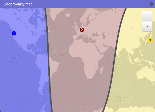 
					此世界地图显示三个区域，大致划分如下：北美和南美；欧洲、非洲和亚洲西部；以及亚洲其余部分和澳大利亚。
				