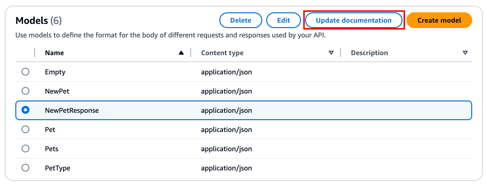 在 API Gateway 控制台中为模型实体编辑文档