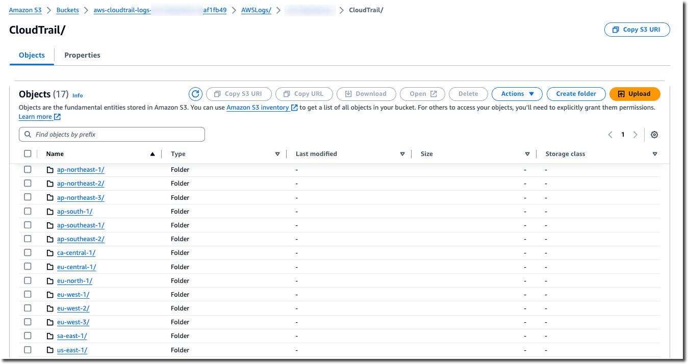 跟踪的 Simple Storage Service（Amazon S3）存储桶，显示 AWS 区域中日志文件的结构