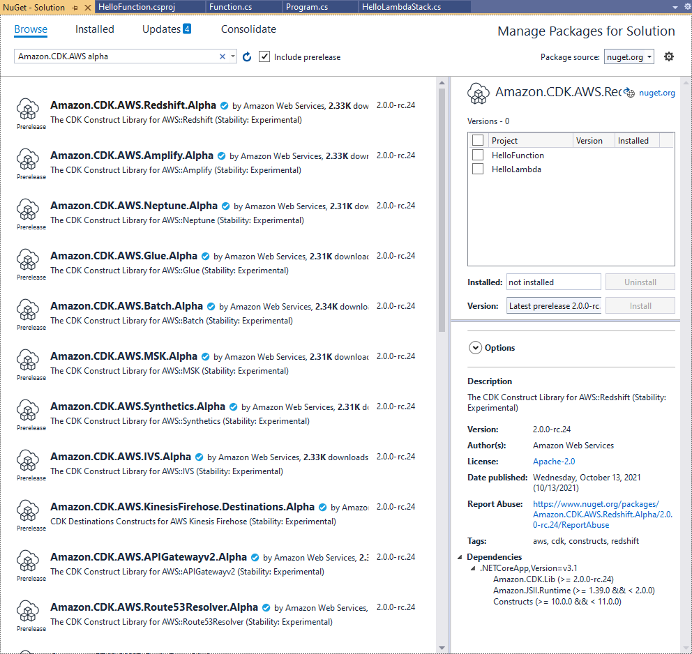 NuGet 包管理器显示各种服务的 Amazon CDK <shared id="AWS"/> alpha 套餐。
