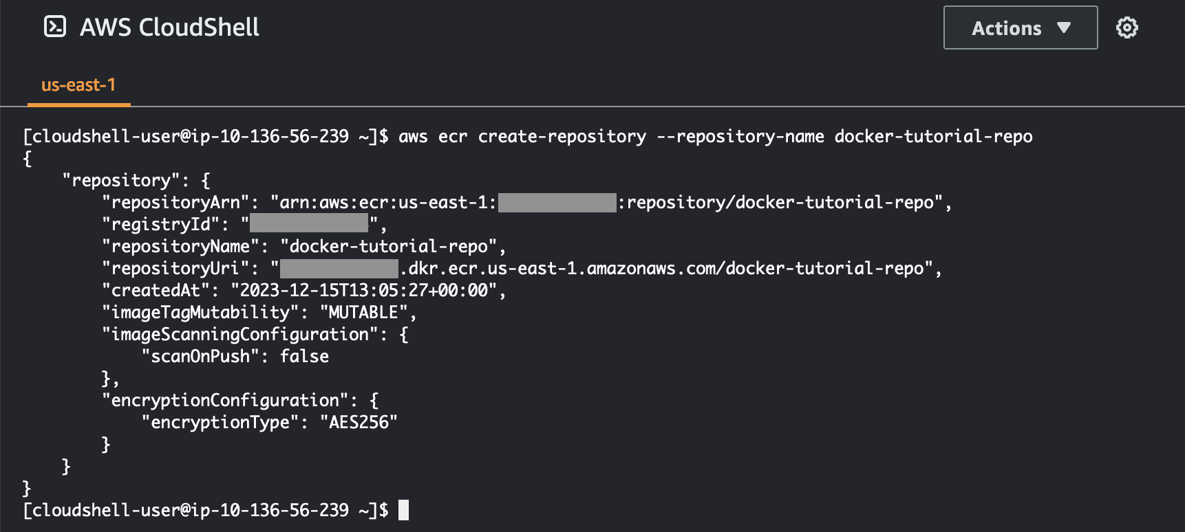 用于在内部创建 Amazon ECR 存储库的命令的图像 AWS CloudShell
