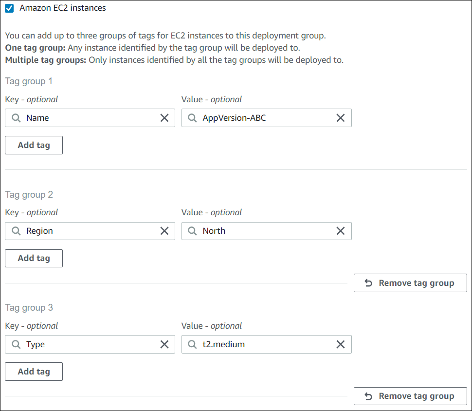 CodeDeploy 控制台显示三个标签组,每个标签组中有一个标签。