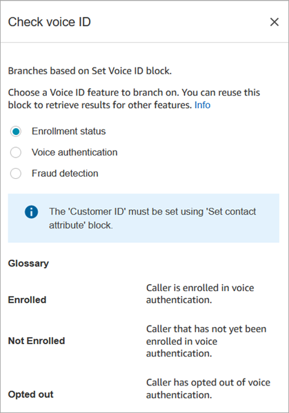 
                    “检查 Voice ID”数据块的属性页面，已选择“注册状态”选项。
                