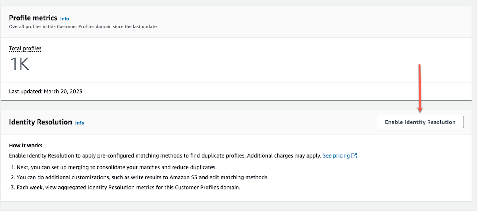 
                Amazon Connect Customer Profiles 页面，“启用身份解析”按钮。
            