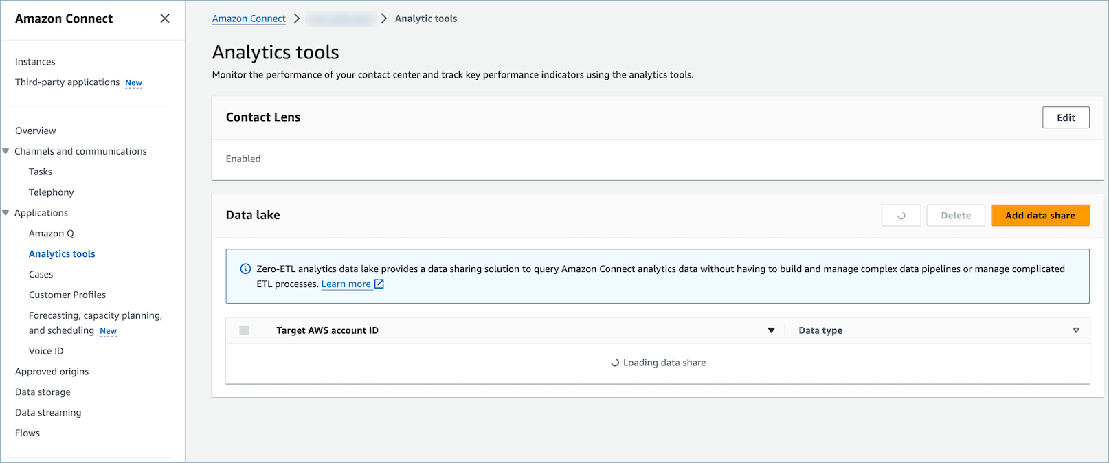 AWS 控制台中的 Contact Lens “启用” 复选框。