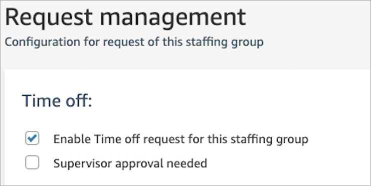 
                        “请求管理”部分，“为该人员配置组启用休假请求”选项。
                    