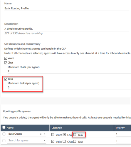 “任务”选项，每个座席的最大任务数设置为 5，队列设置为语音、聊天、任务。