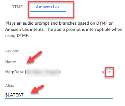 
                            Amazon Lex 选项卡，自动程序的名称和别名。
                        