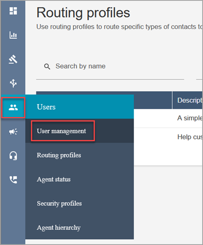 Amazon Connect 导航菜单，“用户”图标，“用户管理”选项。