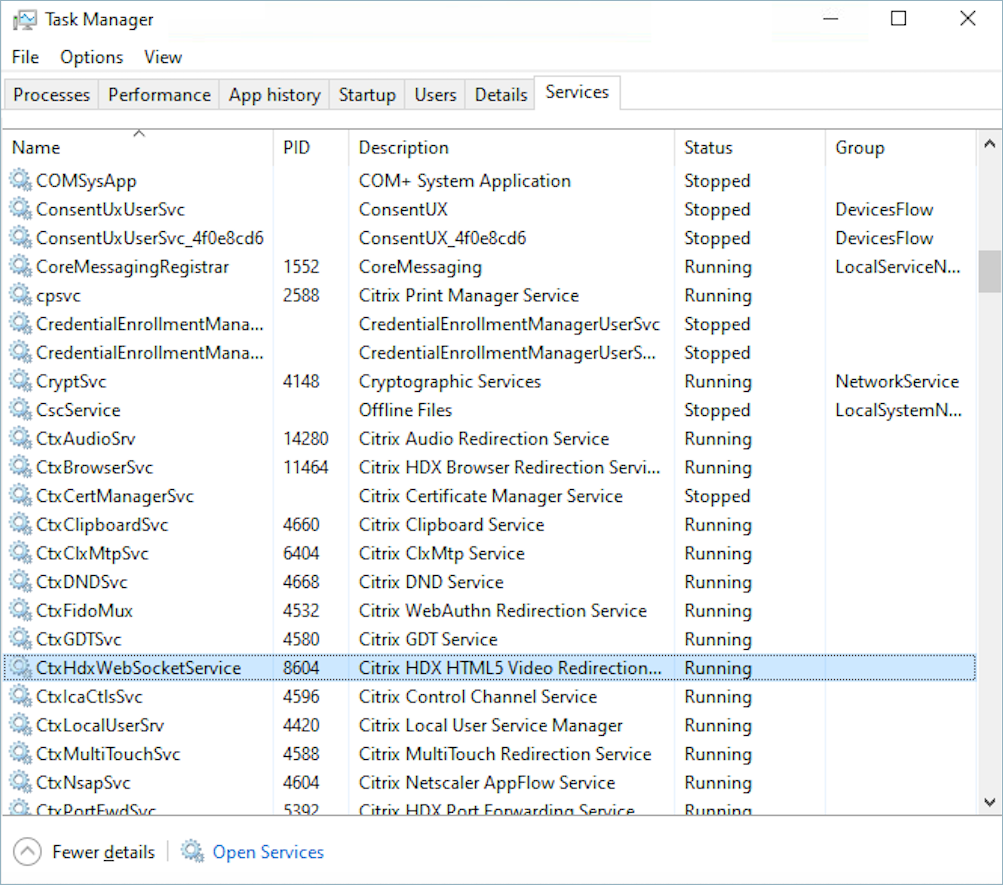 在 Windows 中使用任务管理器重新启动 CitrixHdxWebSocketService。