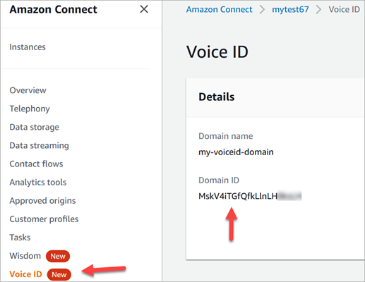 
                        Amazon Connect 控制台的“Voice ID”部分，域 ID。
                    