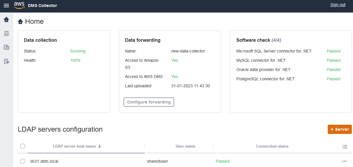 AWS DMS 数据收集器主页。