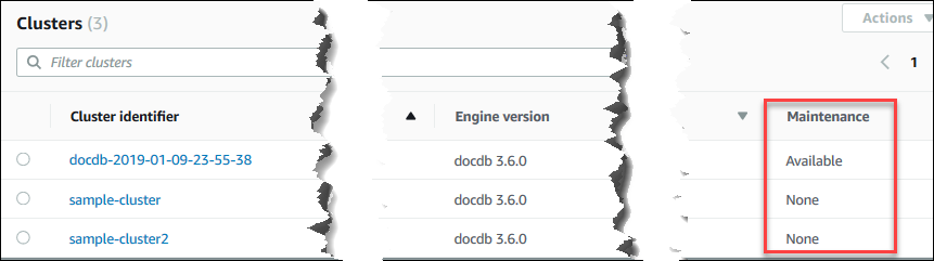显示 Amazon DocumentDB 集群维护字段的控制台屏幕截图。