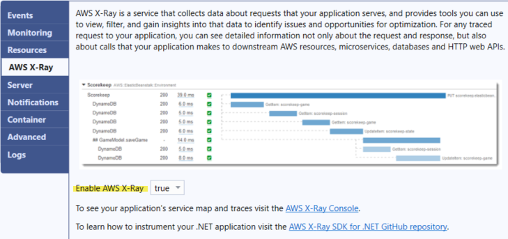 适用于 Elastic Beanstalk 的 Visual Studio 工具包中的 AWS X-Ray 配置面板屏幕截图