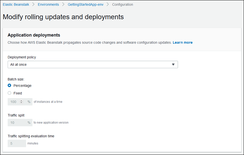 modify rolling updates and deployments configuration（修改滚动更新和部署配置）页面中的 Application deployments（应用程序部署）部分