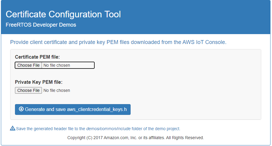 Certificate Configuration Tool interface for uploading PEM files and generating AWS client credential keys.