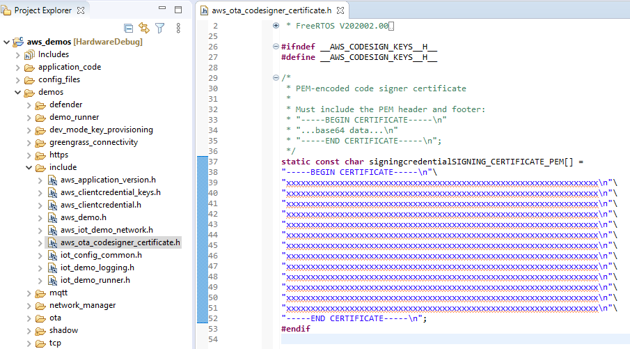 Code editor showing AWS project structure and PEM-encoded code signer certificate declaration.
