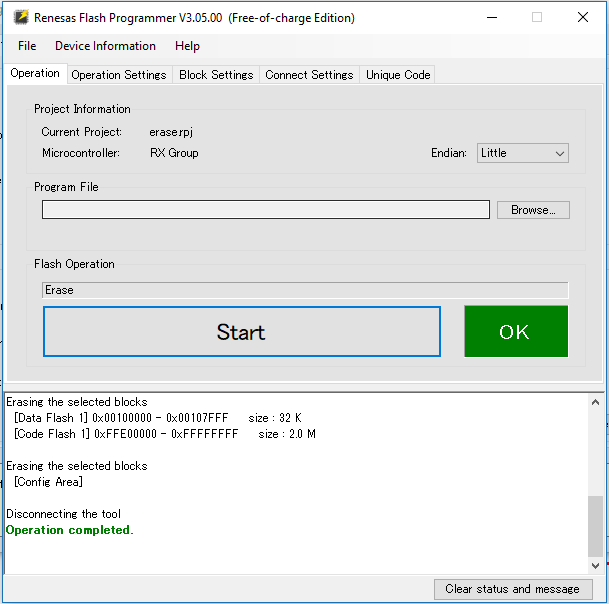 Renesas Flash Programmer interface showing project information and erase operation completed.
