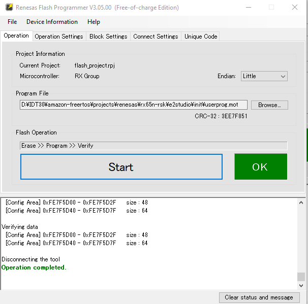Renesas Flash Programmer interface showing project details and operation status.