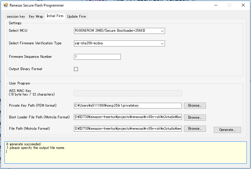 Renesas Secure Flash Programmer interface with settings for MCU, firmware, and file paths.