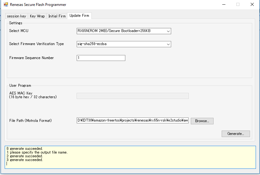 Renesas Secure Flash Programmer interface with MCU selection and firmware settings.