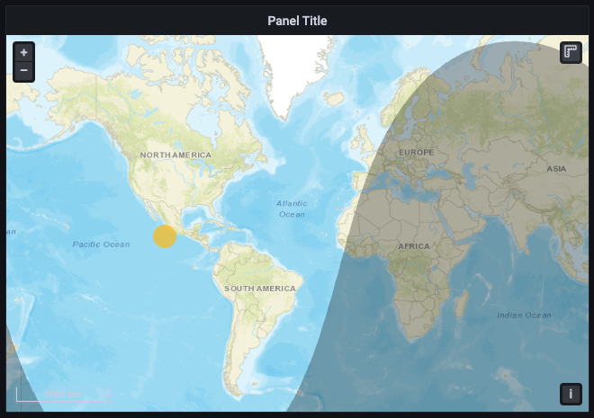 该图像显示了使用 Grafana 中的地理地图可视化效果的夜间/白天图层的示例。