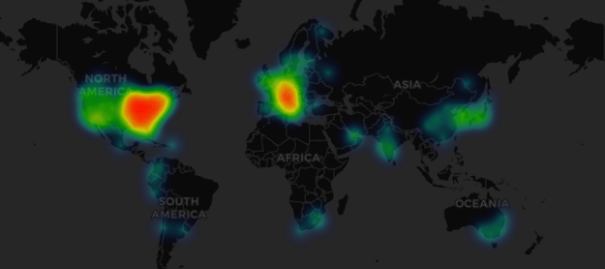 该图像显示了使用 Grafana 中的地理地图可视化效果的热图示例。