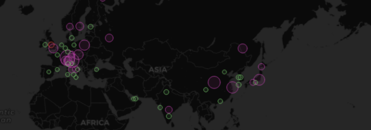 这张图片显示了 Grafana 中的地理地图可视化示例。