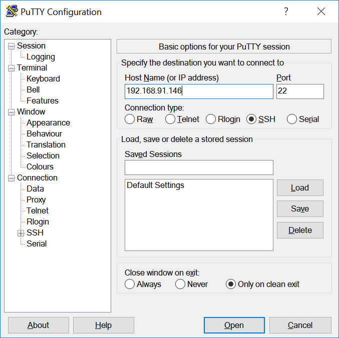 PuTTY 窗口，“Host Name (or IP address) (主机名 (或 IP 地址))”字段中包含 IP 地址。