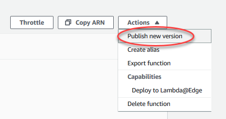 突出显示了“Publish new version (发布新版本)”的“Actions (操作)”菜单的屏幕截图。
