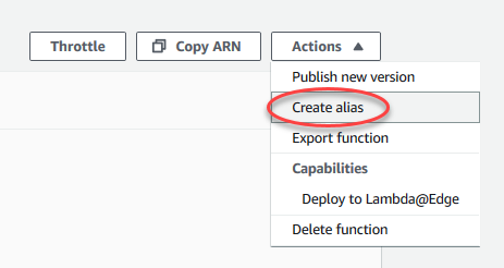 “Actions (操作)”菜单设置为“Create alias (创建别名)”的屏幕截图。