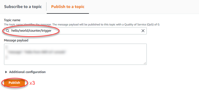 显示必须快速单击三次的“Publish to topic (发布到主题)”按钮的屏幕截图。