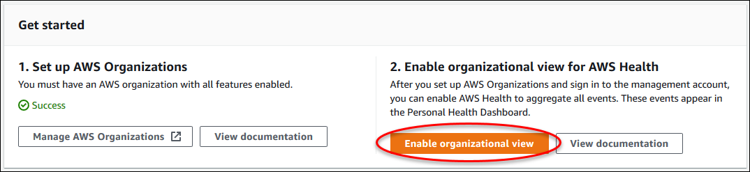 在 AWS Health 控制台中如何启用组织视图的屏幕截图。