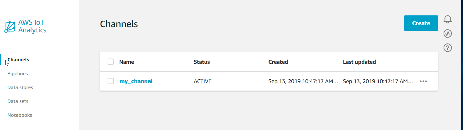 AWS IoT Analytics 控制台中 “频道” 页面的屏幕截图。