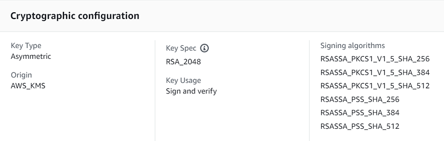 非对称 KMS 密钥的 Cryptographic configuration（加密配置）选项卡