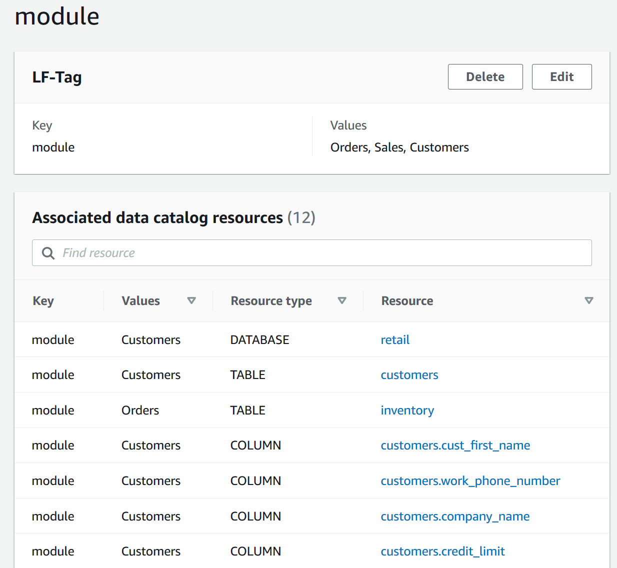该图是键“module”的 LF 标签详细信息页面的屏幕截图。LF 标签详细信息页面包含两个部分。顶部显示 LF 标签键和值。底部以表形式显示与该 LF 标签关联的资源，该表包含以下各列：“键”、“值”、“资源类型”和“资源”。该表有 12 行，但屏幕截图中只显示了 7 行。表中各行显示，LF 标签被分配给一个数据库、数据库中的两个表以及通过继承这些表的列。