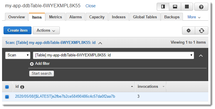 
        显示函数实例已处理事件的次数的 DynamoDB 表。
      