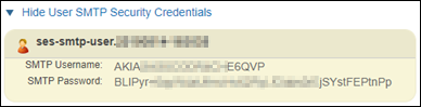 Amazon SES 控制台中的 SMTP 安全凭证。