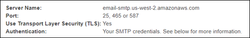 
            Amazon SES 控制台中显示的 SMTP 设置。
          