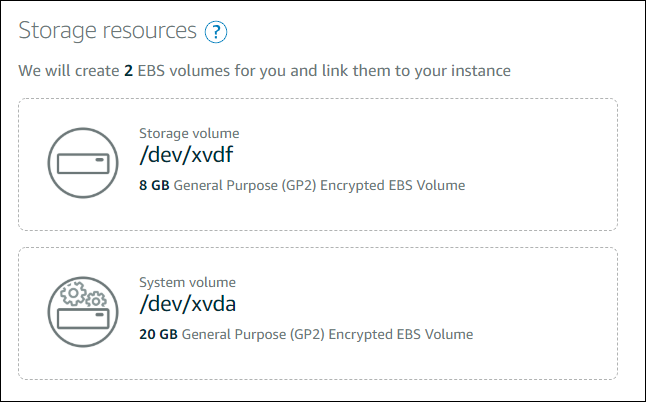 “创建 Amazon EC2 实例”页面上的存储资源。