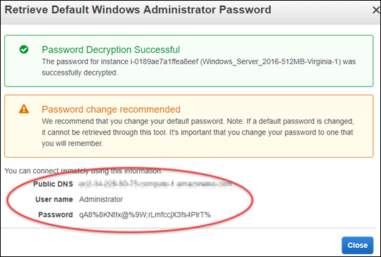 在 Amazon EC2 控制台中解密 Windows 默认管理员密码。