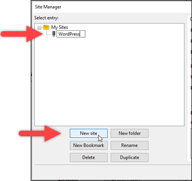 中的新站点配置 FileZilla。