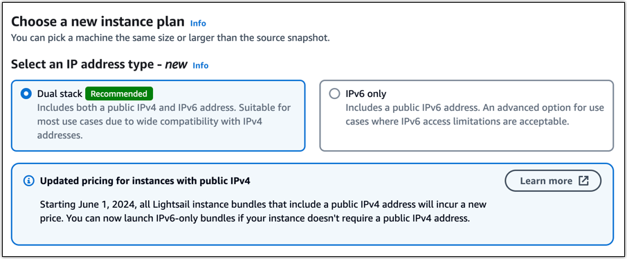 “选择新实例计划” 页面显示了双堆栈和 IPv6 地址类型。