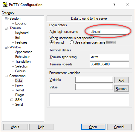 PuTTY 中的实例用户名。