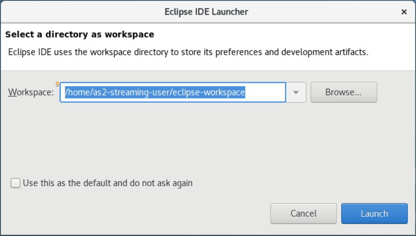 Blu Age2.0 中的 Eclipse IDE 启动器。 AppStream 已选择“工作区”。