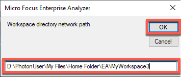 Enterprise Analyzer“工作区目录网络路径”对话框（带有一个示例路径）。